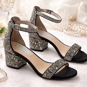 Betsey Johnson Mari Black Heel Sz 6.5 Ankle Strap Sandal Rhinestone Glam